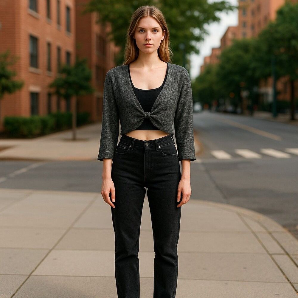 Connected Apparel Gray Glitter Tie Front Crop Blouse 3/4 Sleeve Shrug L Soft